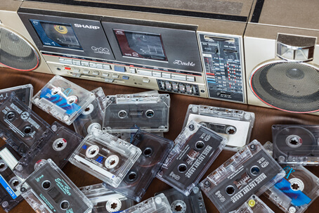 old audio tape cassettes and player